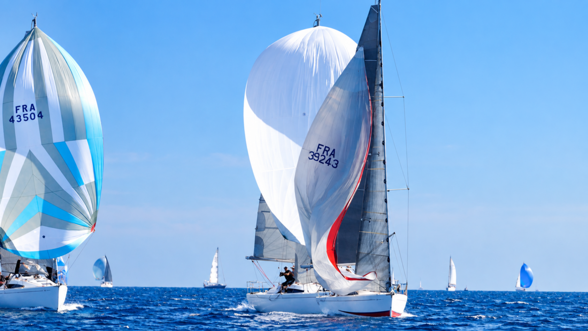 Voiliers sous spi en pleine course lors de l'Occitania Cup 2026 à Sète.