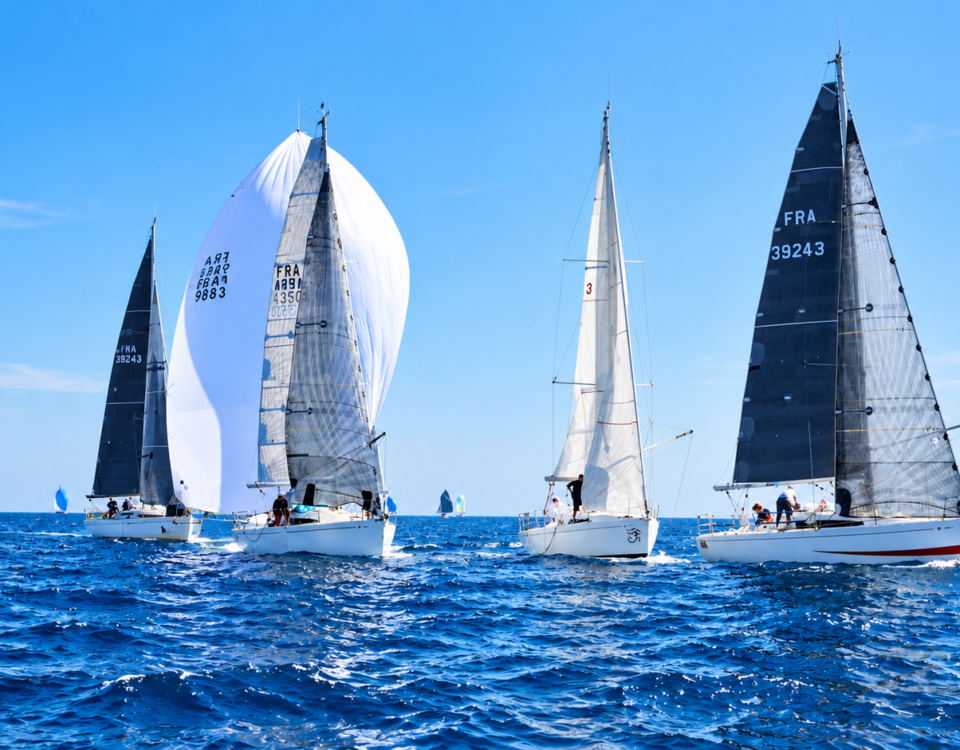 Alignement de voiliers de régate en mer lors de l'Occitania Cup au large de Sète.